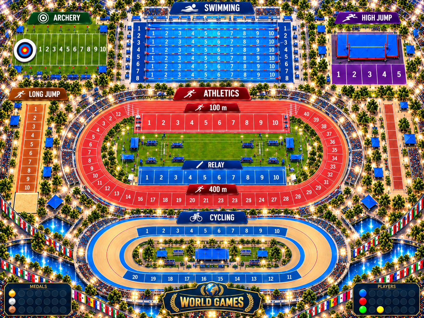 Tablero World Games con las ocho instalaciones deportivas